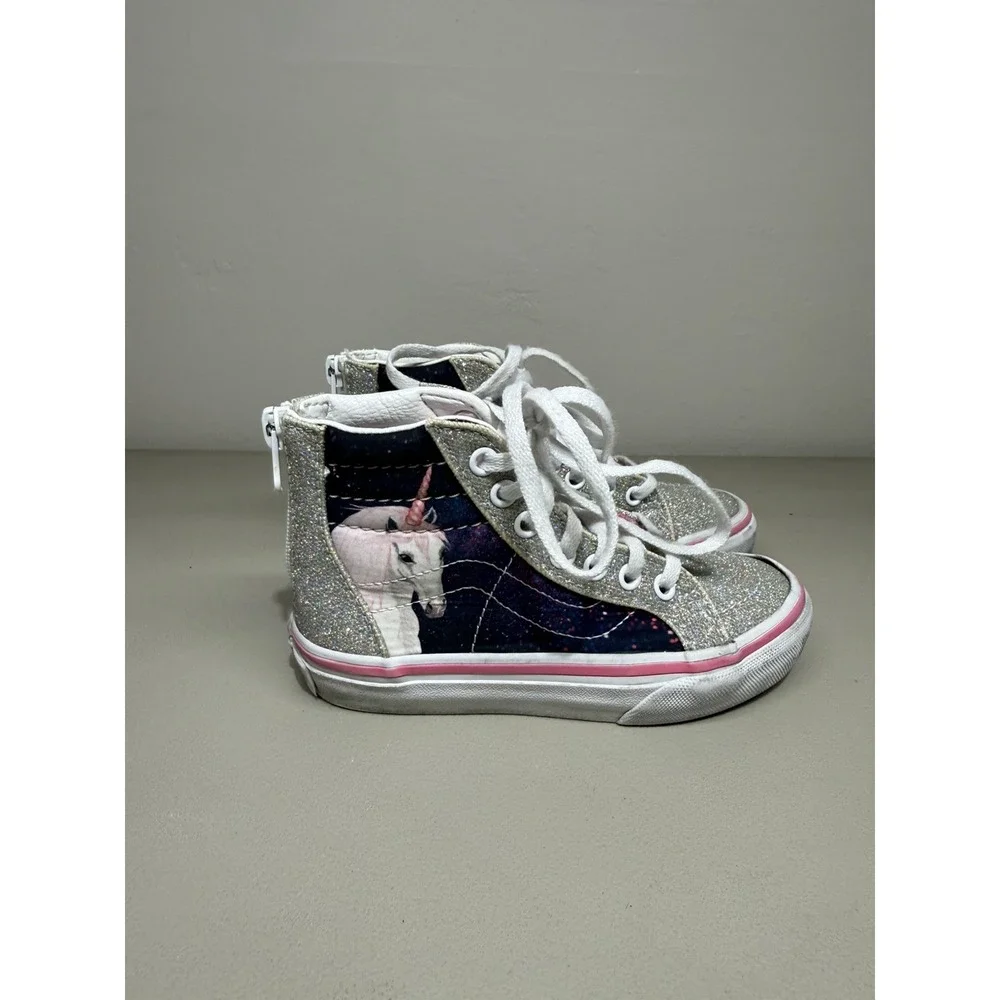 KIDS VANS HIGH TOP ZIPPER SNEAKER SILVER GLITTER UNICORN GIRLS SIZE 11